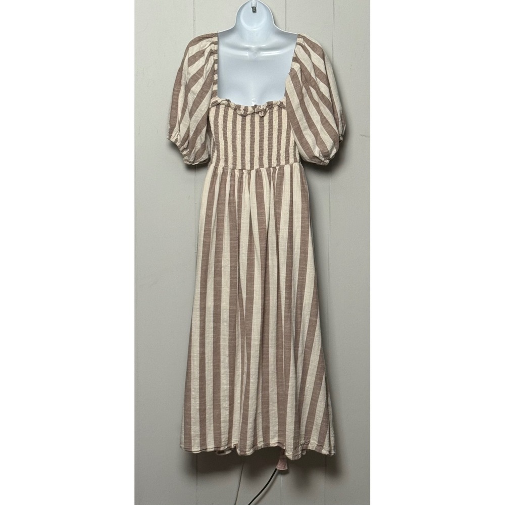 Saints & Hearts Tan White Striped Smocked Puff Sleeve Midi Dress Size Small - Picture 2 of 8